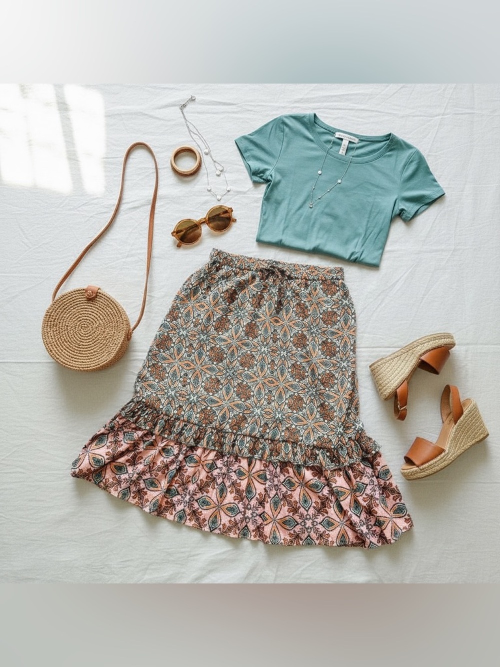 Boho Print Ruffle Hem Skirt | Size Medium | Flowy & Feminine